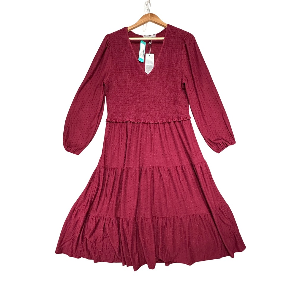 Daniel Rainn Shelby V Neck Dress Jewel Tone‎ Purple Smocked Tiered Midi XL